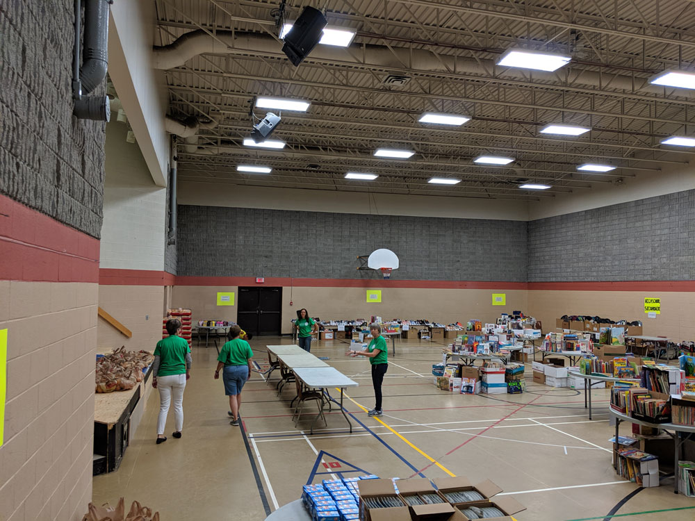 gymnasium full of school supplies for back to school event 2019